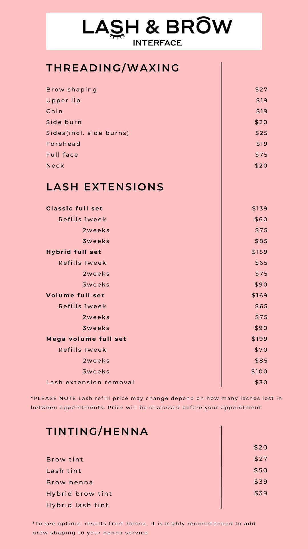 Tinting Price List